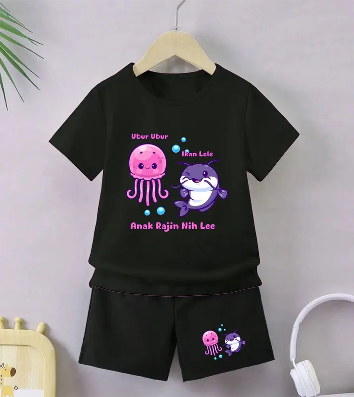Luwi Kids Setelan Anak Celana Hitam Cewek Cowok Gambar Ubur Ubur Ikan Lele Celana Fashion set Baju 0