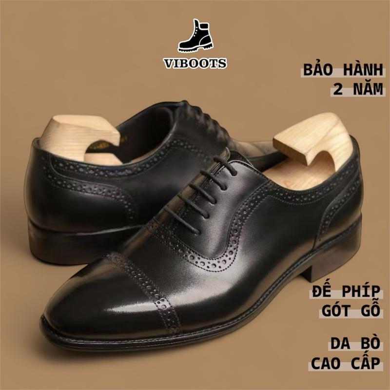Giày Oxford Semi Brogues Captoe Black Thương Hiệu VIBOOTS Chất Liệu Da Thật Đế Phíp Gỗ Cao Cấp Sang Trọng Dáng Tây Nam Công Sở Men's Office Shoes