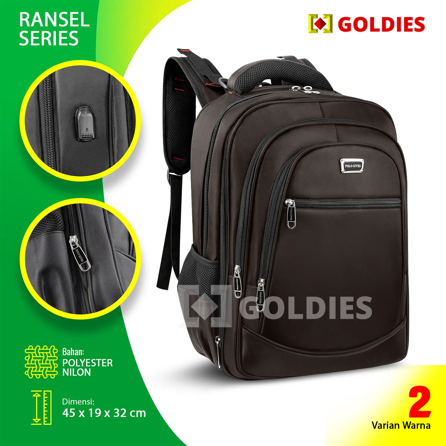 POLO GIVES - Tas Ransel Pria Tas Laptop Kerja Original Gives FREE USB C + RAINCOVER - Goldiesbags