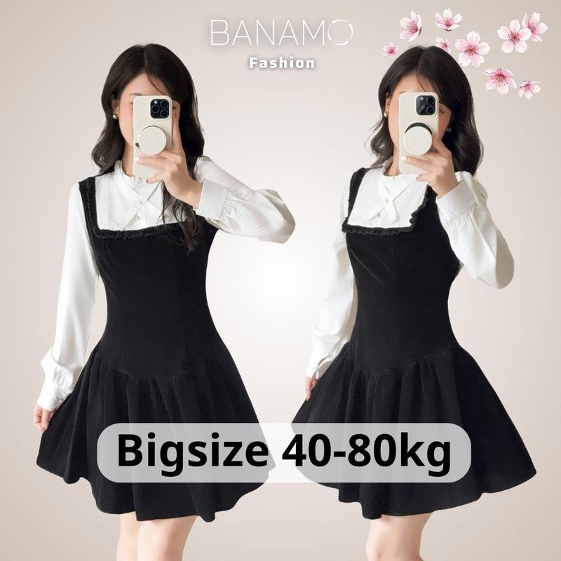  Banamo Fashion Đầm nữ BIGSIZE 550 Váy nhung yếm viền bèo phối sơ mi trắng cổ tàu dài tay dáng xòe tiểu thư Hàn Quốc form xoè nhẹ che khuyết điểm bụng hông và đùi 