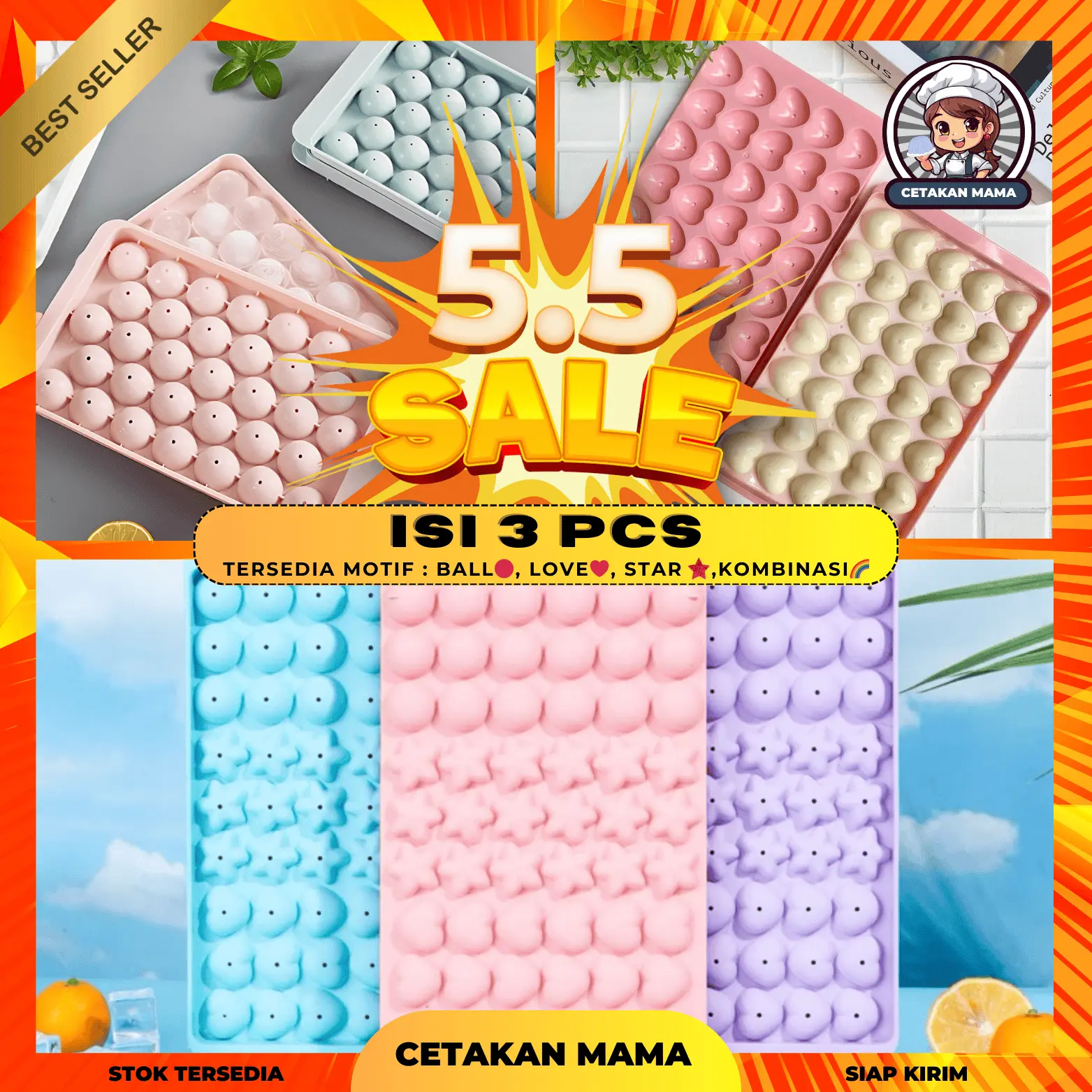[ISI 3 PCS] Paket Cetakan Jelly dapat 3 pcs (Ball/Love/Star/Flower) Cetakan Jelly Es Puding Viral Cetakan Es Batu Puding Viral TERMURAH COD Plastik Cream Kitchenware