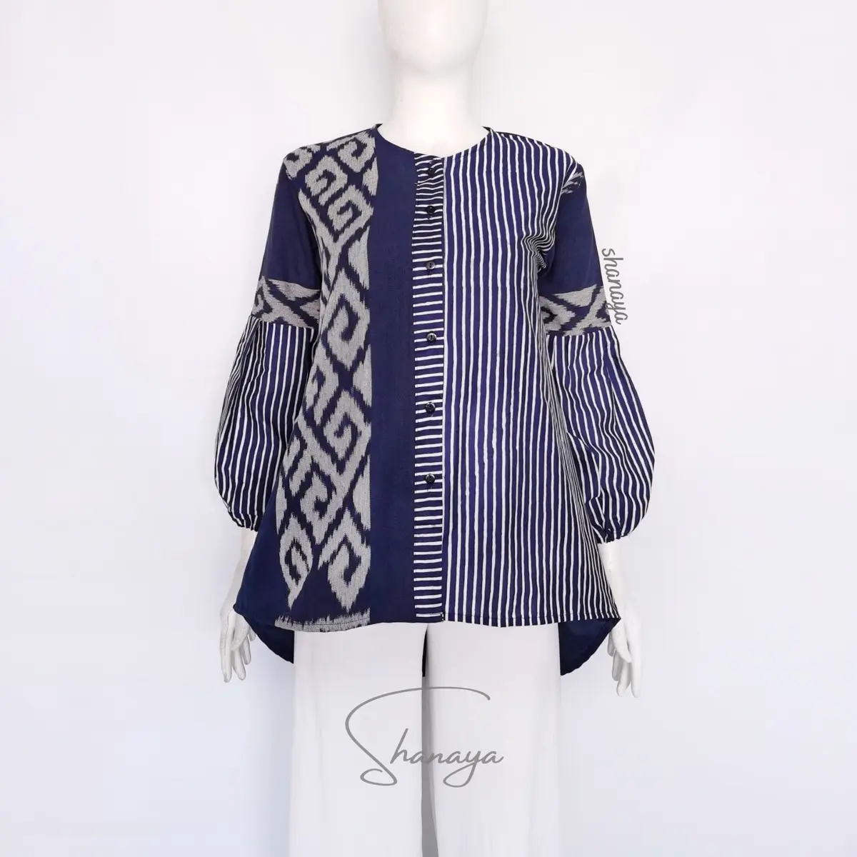 Shanaya Baju Batik Wanita Blus Tenun troso salur mix katun fashion blouse Kerja seragam Cantik Elegan bisa request couple atasan  sarimbit  kondangan  kantor Kombinasi  Biru  Toyobo Kain Motif Panjang Garis