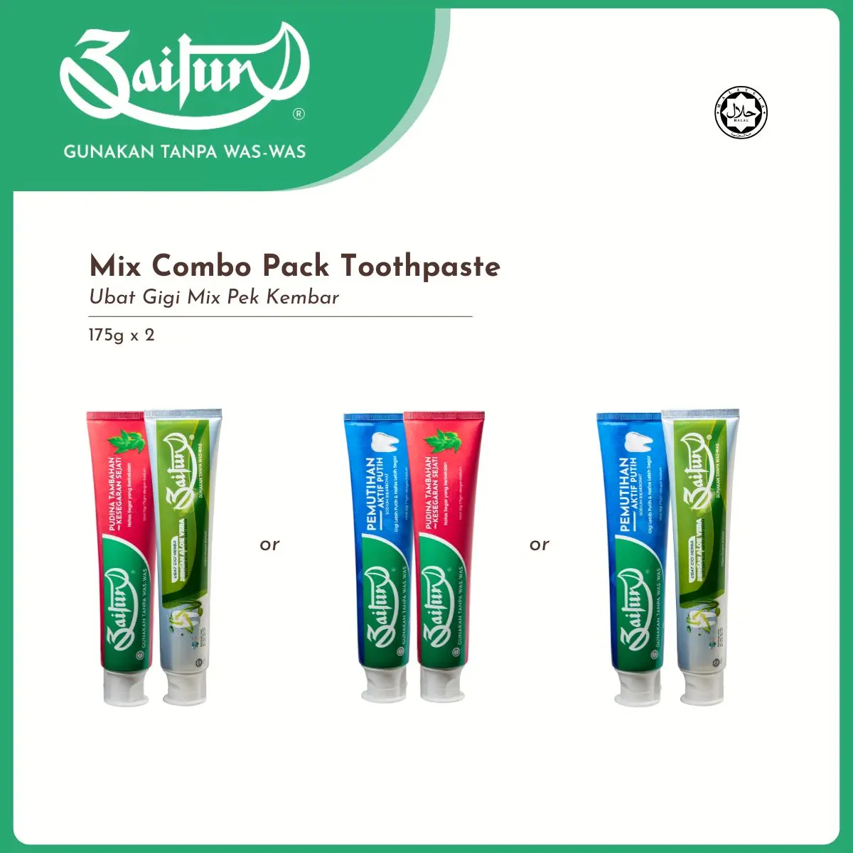 ZAITUN Mix Combo Toothpaste Set (175g x 2) - Extra Mint / Whitening / Aloe Vera