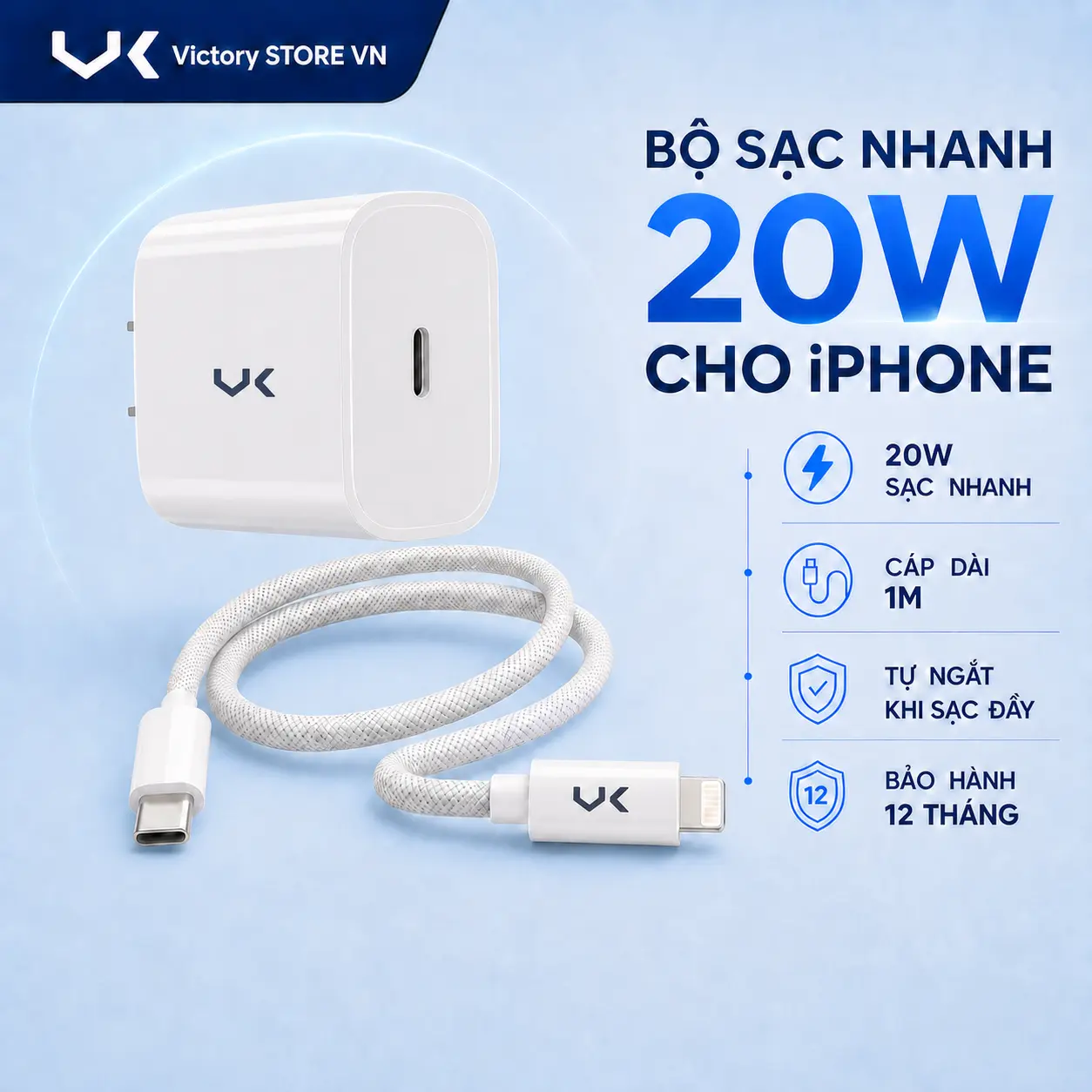 VK Bộ Củ Cáp Sạc Nhanh 20w Dành Cho Iphone Cáp Bọc Dù Tự Ngắt Khi Sạc Đầy Chống Gãy Gập Độ Bền Cao Sạc Nhanh Bảo Vệ Pin An Toàn Cho Điện Thoại