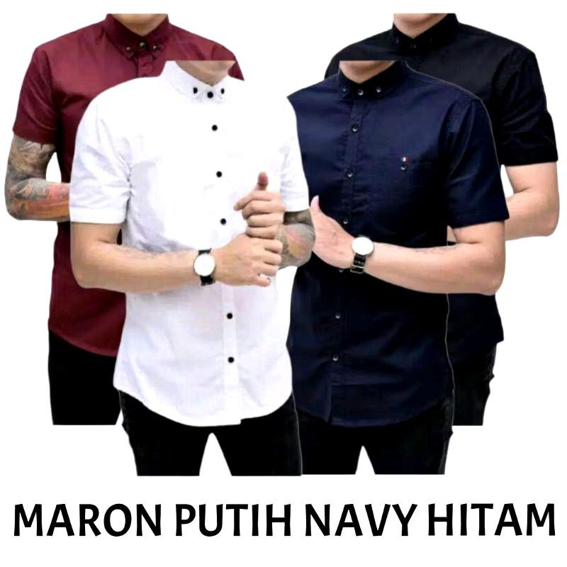 Kemeja Polos Slimfit Pria 4 Pcs Bahan Katun 100% - Hitam/Putih/Maroon/XL - Casual, Formal, Basic slim fit shirt 3