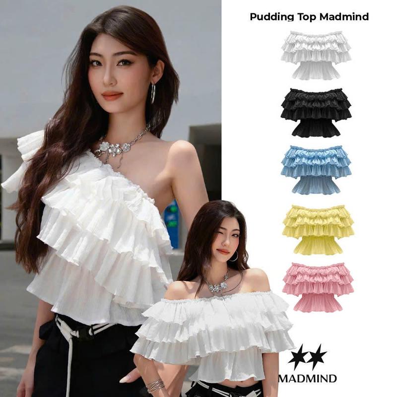 MADMIND [ MẶC 4 KIỂU ] Áo Nữ Trễ Vai Nhún 3 Tầng  PUDDING TOP - Áo Lệch Vai Mùa Hè Đi Biển Màu Đen / Trắng / Xanh Biển / Vàng Nhạt / Hồng