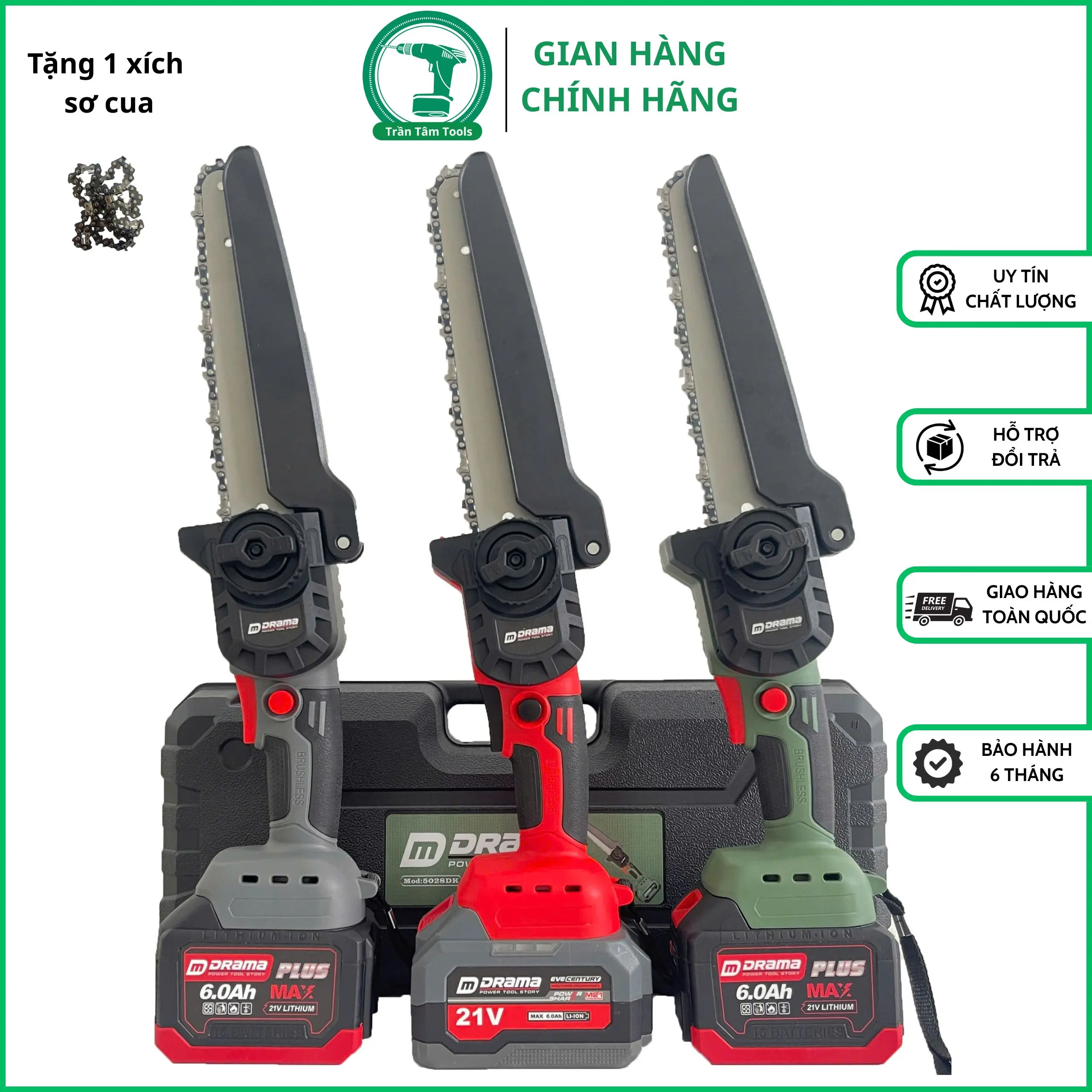 Máy Cưa Xích Dùng Pin DRAMA 8inch Chân Pin Phổ Thông Động Cơ Không Chổi Than BH 6 Tháng keoti a cay can h cưa  máy  cầm  tay