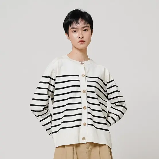 This Is April Outer Wanita Knit Lengan Panjang Striped Aurelie Cardigan Ivory dan Black 3