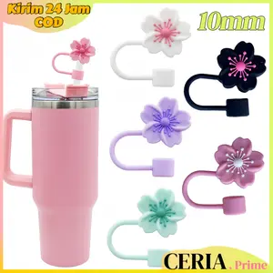 Penutup Sedotan 10mm Silikon Food Grade Straw Cover Untuk Stanley Tumbler Motif Sakura Aesthetic Anti Debu Reusable
