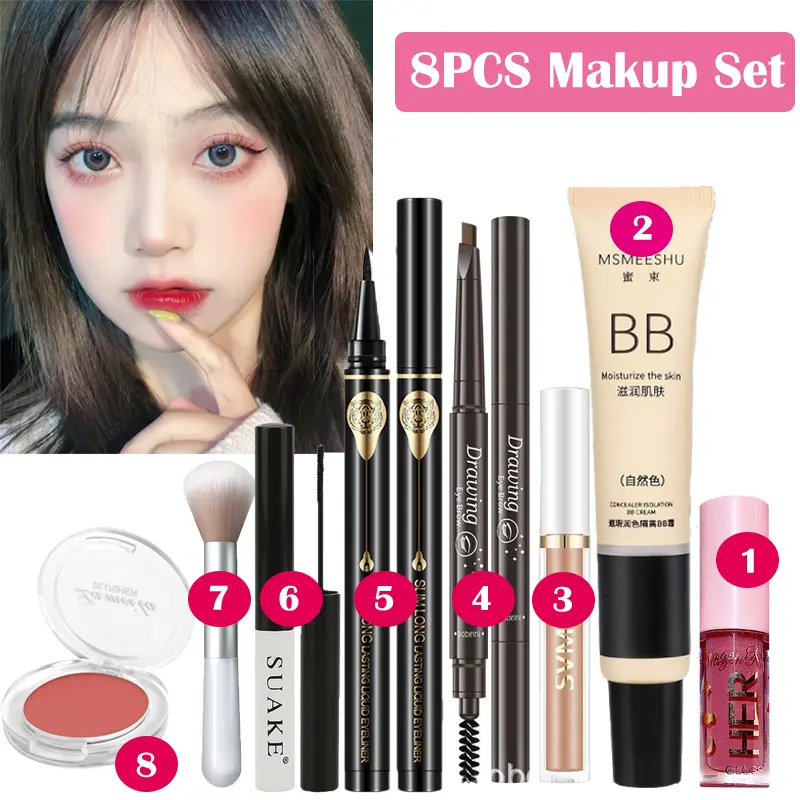 Bộ trang điểm không thấm nước, 8 miếng / bộ, kem nền + cọ môi, Glaze+Eyeliner+Eyebrow+Mascara+Concealer+Blush+Makeup , du lịch