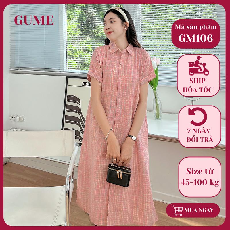 Váy bầu kẻ hồng cổ đức, size 40-100kg, dáng suông mở cúc phía trên GM106