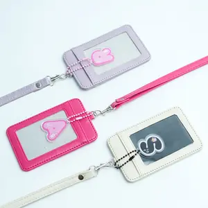 Zenara ID Card Holder Lanyard Cewek Cute & Gantungan Charm Pink Material Kulit Sintetis Premium Slot Transparan untuk ID Card Cocok untuk Sekolah Kampus dan Kantor