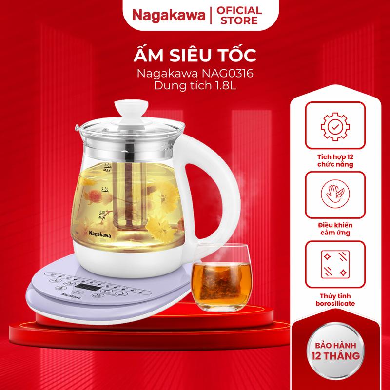 Ấm Siêu Tốc Nagakawa NAG0316 – Dung Tích 1.8L – Công Suất 1355W – Thủy Tinh Đa Chức Năng Pha Trà, Đun Nấu Thực Phẩm, Điều Khiển Cảm Ứng – Bảo Hành 12 Tháng