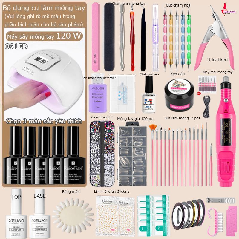 Nail Salon Bộ dụng cụ làm móng bao gồm máy sấy 6W 54W 120W 280W tùy chọn 3 màu sơn móng máy mài móng 120 miếng móng giả PVC bút vẽ điểm TOP+BASE phù hợp cho người mới bắt đầu làm móng