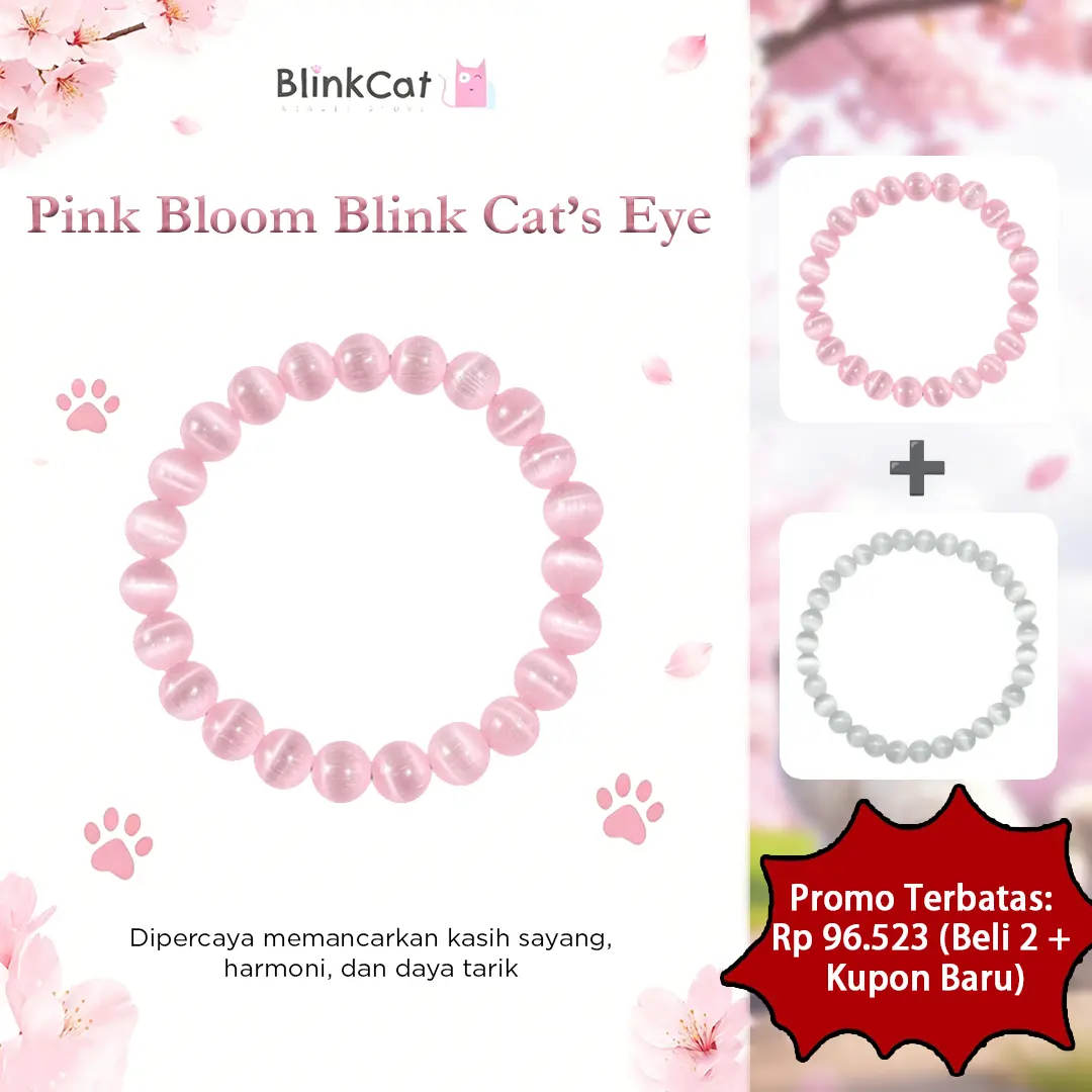 [BlinkCat Hot Sale] Gelang Kristal Alami: Pink Bloom Blink Cat's Eye | Natural Crystal Bracelet Premium Batu Alam Aesthetic Daya Tarik Aksesoris Kekinian Wanita