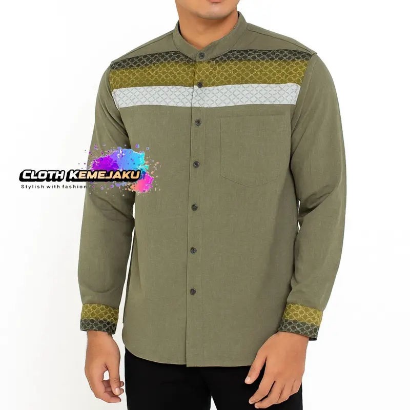 Kemeja Koko Katun Madinah Pria Gradasi Poliester Muslim Fit Manset Panjang Kerah Casual Baju 4