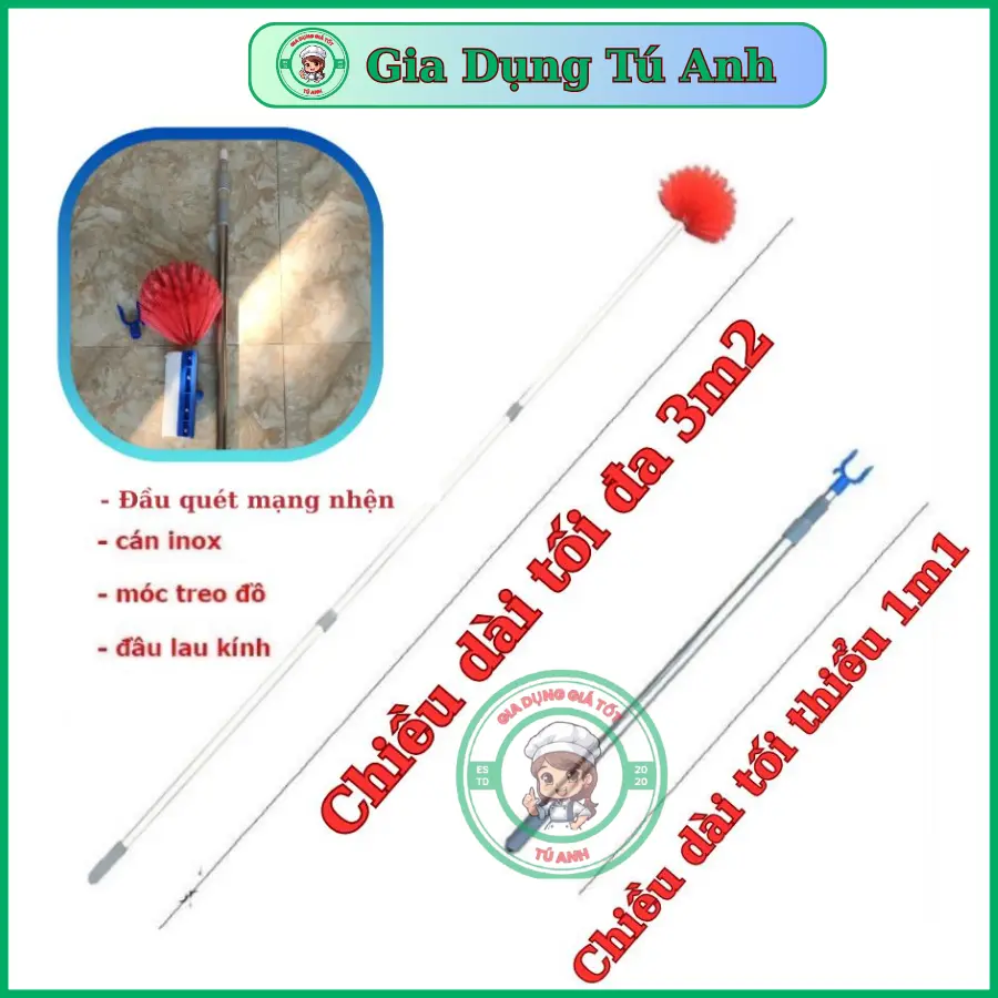 Chổi quét trần nhà - Chổi phất trần nhà - 4 Tính Năng Inox Rút Gọn - loại dài 2m8 và dài 3m2 - Quét mạng nhện, lau kinh, Treo quần áo, Móc hoa quả - 1