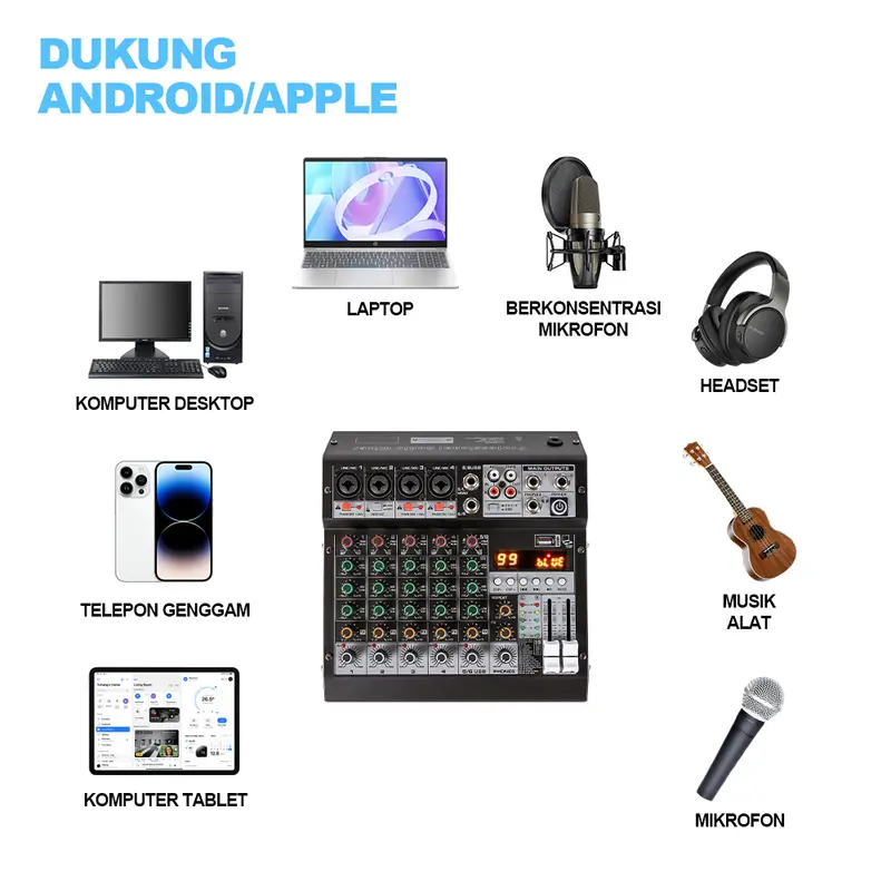 BOMGE 6 Channel audio mixer HM，99DSP Iron Plate，USB DJ Mixing Console MP3 Jack 48V Power Supply for Computer Recording, 6 Channel Band Mixing Board for Studio Recording 7
