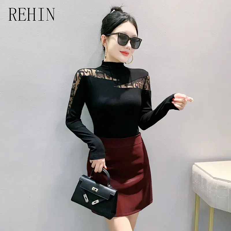 REHIN Áo Thun Cotton Dài Tay Bất Đối Xứng Phong Cách Hàn Quốc Mới Mùa Thu Đông, Dáng Ôm, Áo Nữ Thời Trang Top Women 3