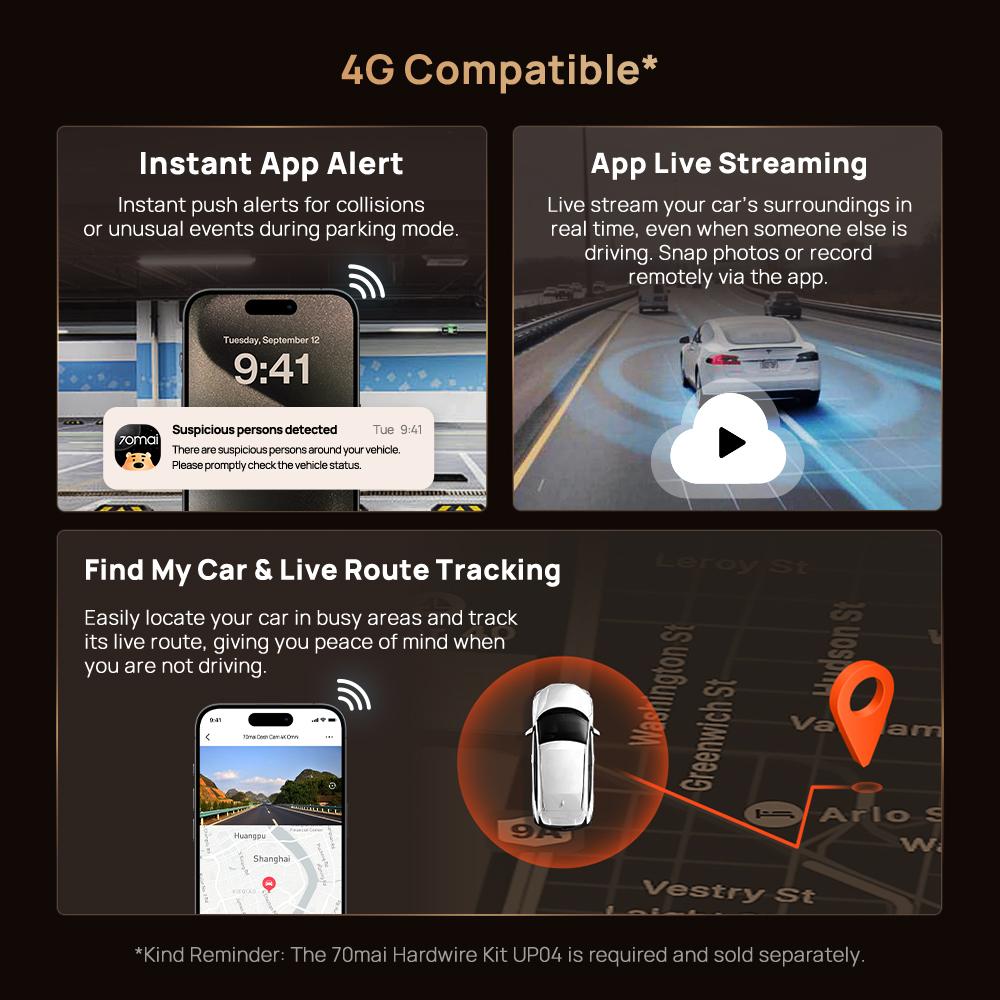 70mai Dash Cam 4K T800 Set Three-Channel Supercapacitor Built-in GPS & ADAS Buffered Emergency Recording