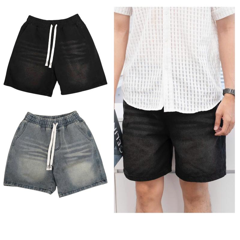 Combo 2 Quần short Jean nam TRƠN, quần short bò cạp chuncó dây rút co giãn thoải mái jean mềm