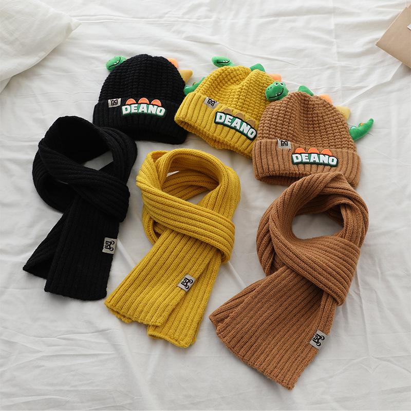 Product Introduction of 1-7Y 2Pcs Children Hat Scarf Set Cute Little Dinosaur Knitted Wool Cap Winter Warm Kids Neckerchief Boy Girl Baby Beanie 12