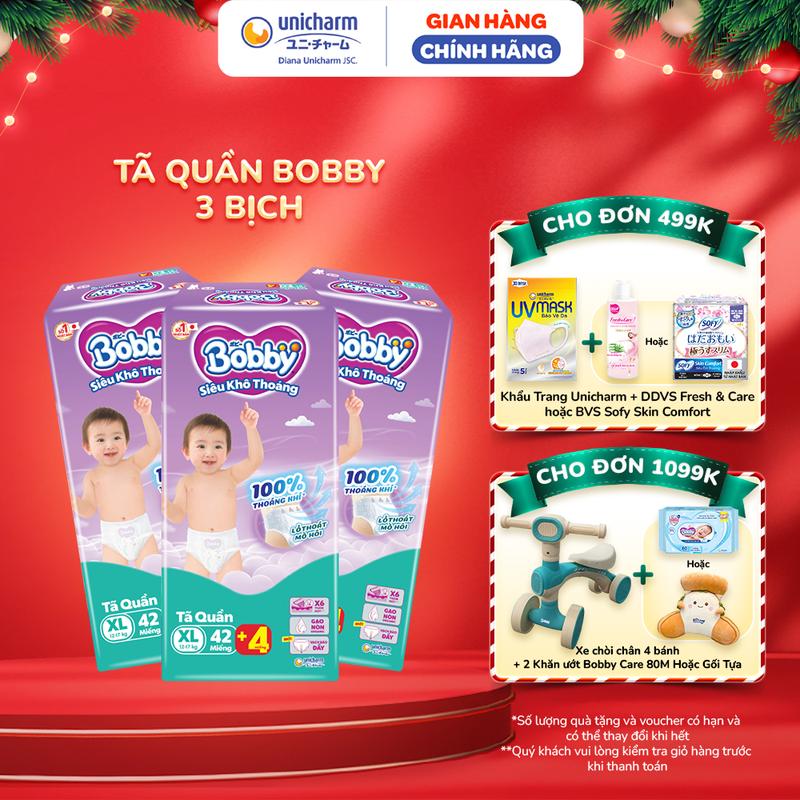 TẶNG KÈM 12 MIẾNG Combo 3 Tã quần Bobby Siêu Khô Thoáng - 100% Thoáng Khí size M 58 miếng Size L 48 Miếng size XL 42 miếng XXL 38 miếng XXXL 29 miếng bỉm
