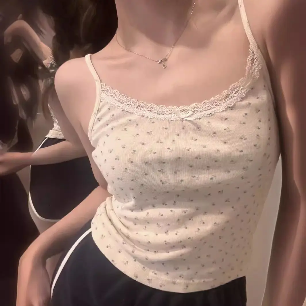 Elegant Lace Flower Print Camis Y2K Slim Sexy Vest Floral Tops One Size Floral Tank Tops Summer