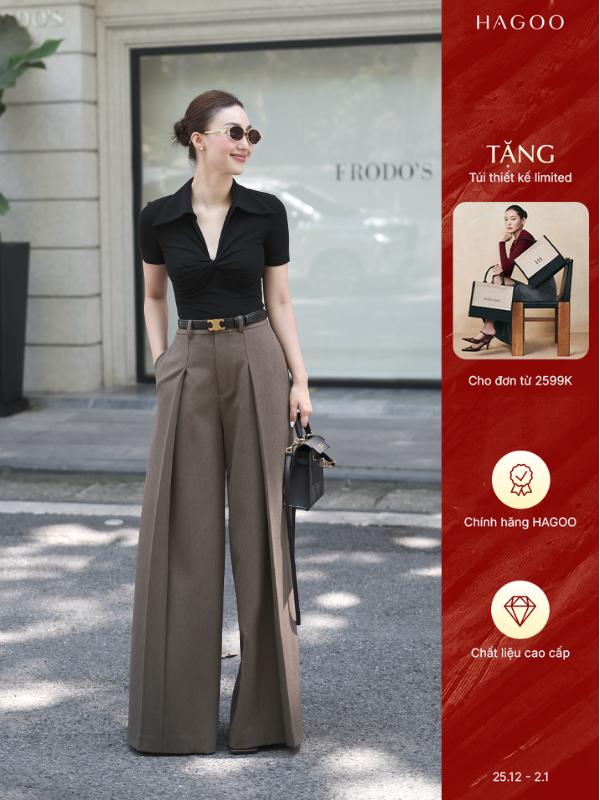 HAGOO Áo thun kiểu Nữ tay ngắn có cổ xoắn ngực thanh lịch 4 màu Nâu Đen Trắng Đỏ Women Shirt Top A181