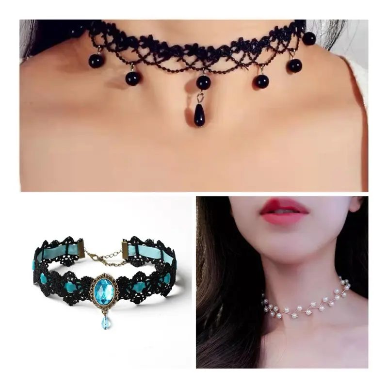Kalung Cantik & Manis Choker A16 Black Leather Gem Pendant Necklace