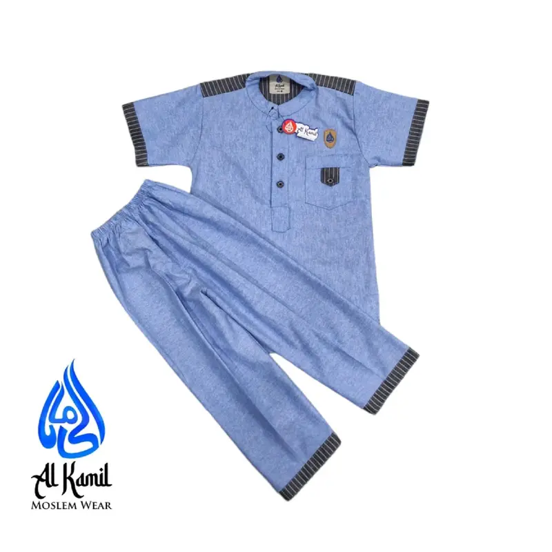 Setelan Kokokurta Anak Laki-Laki Bahan Katun Oxford dengan (Variasi Salur) Atasan Baju Muslim Lembut Celana Panjang Nyaman Kain Kombinasi Pendek 5