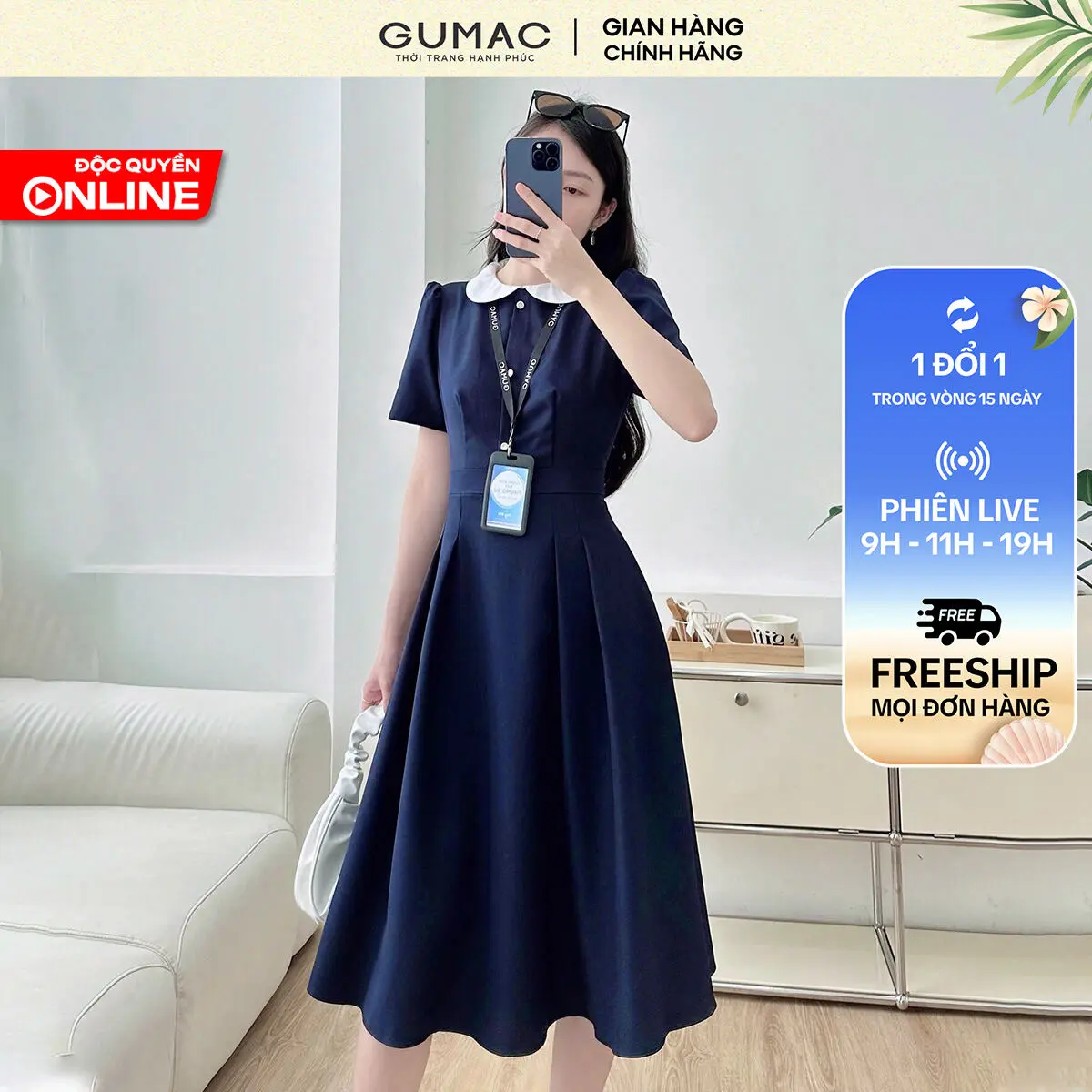 GUMAC - Đầm cổ phối LDE0821 Women Cotton Dress