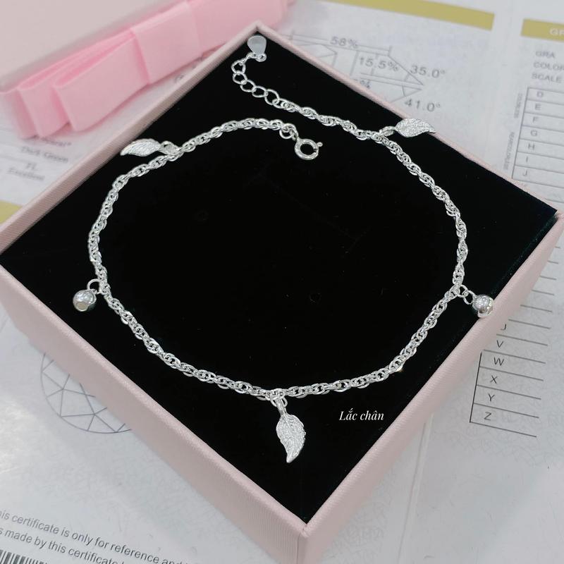 Lắc chân nữ mix lá và bi bạc ta dày dặn