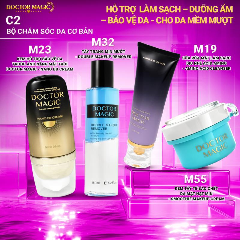 C2 (19+23+32+55) - Bộ Chăm Sóc Da Cơ Bản Doctor Magic Gồm: Sữa Rửa Mặt Làm Sạch Dịu Nhẹ Acid Amino + Kem Hỗ Trợ Bảo Vệ Da Trước Ánh Nắng Mặt Trời +Tẩy Trang Mịn Mướt + Kem Tẩy Tế Bào Chết Da Mặt Hạt Mịn - Skincare