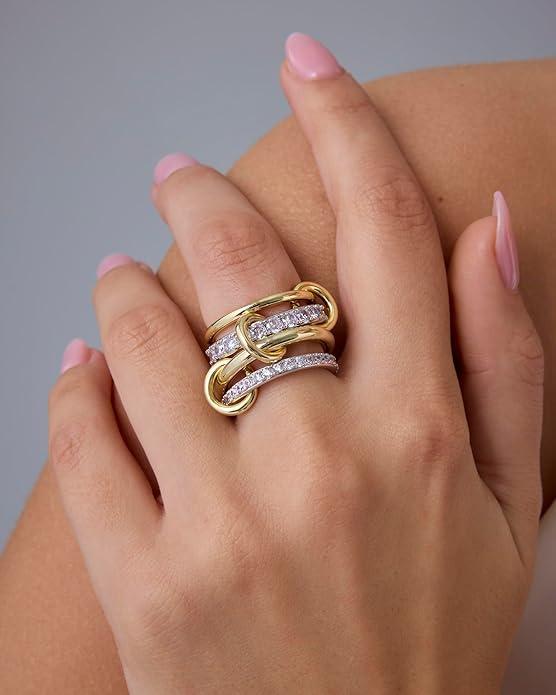 Interlocked Stackable Rings for Women - Multi-Metal Statement Rings with Cubic Zirconia Accents - Stylish Two-Toned Jewelry-Mother's Day Gift Mom 1