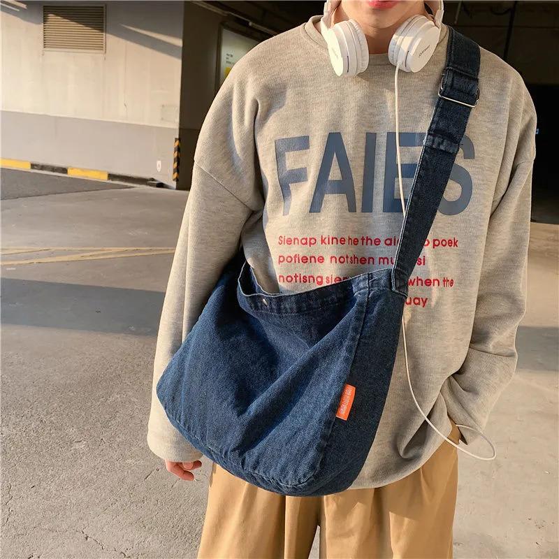 Túi đeo chéo denim thời trang Ins dành cho nam nữ, túi đeo vai tối giản, giản dị dành cho sinh viên đại học