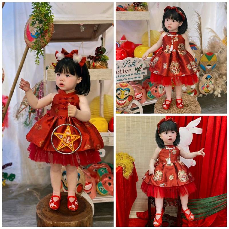 Yếm Cổ Tàu Đỏ Gấm Sen Kèm Cài Và Quần Chip 5-15 Kg,Yếm Trung Thu Lễ Tết Mặc Quanh Năm Cho Bé Gái