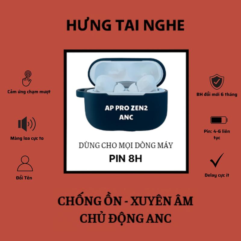  Tai Nghe Bluetooth Pro Zen2 ANC   Loa To Bass Căng  Chống Ồn 40db- Xuyên Âm Chủ Động | Pin 8H Kèm Ốp Bảo Vệ+ Cap Usb. Bảo Hành 6 Tháng Lỗi Đổi Mới Nhét Tai Nhạc Earphone Micro Tích Hợp Sẵn Nghe Nhạc Bluetooth 