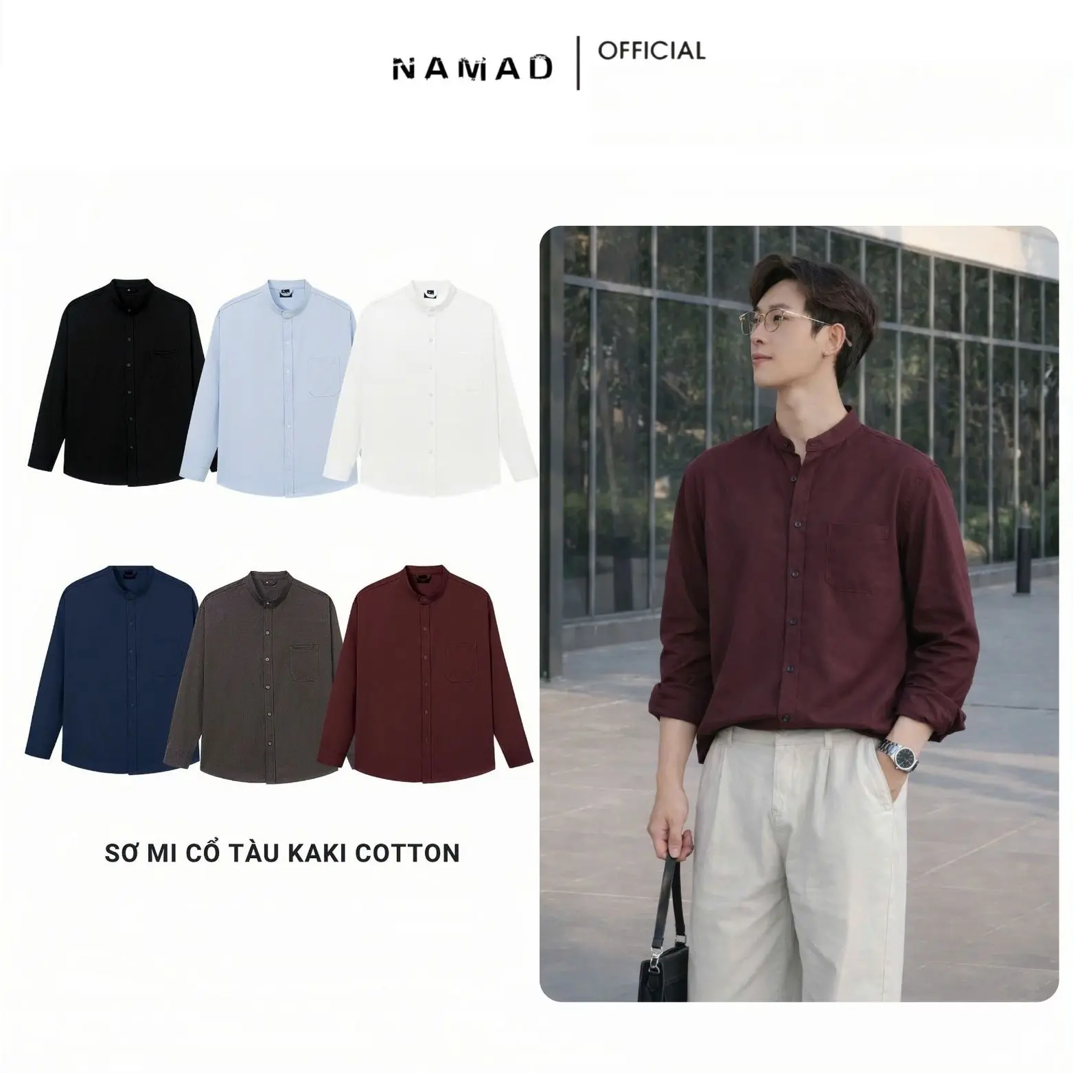 Áo Sơ Mi Cổ Tàu NAMAD Dài Tay Chất Liệu Kaki Cotton Mềm Mịn Forrm Rộng Thấm Hút Mồ Hôi