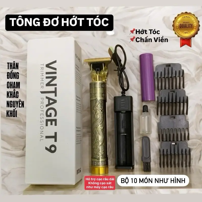 Tông đơ cắt tóc chấn viền T9 Vintage- Bộ 10 Món Tông Đơ Cắt Tóc Chấn Viền Thân Kim Loại, kèm Pin rời 18650 và sạc- HỖ TRỢ CẠO RÂU DÀI-không cạo sát như máy cạo râu