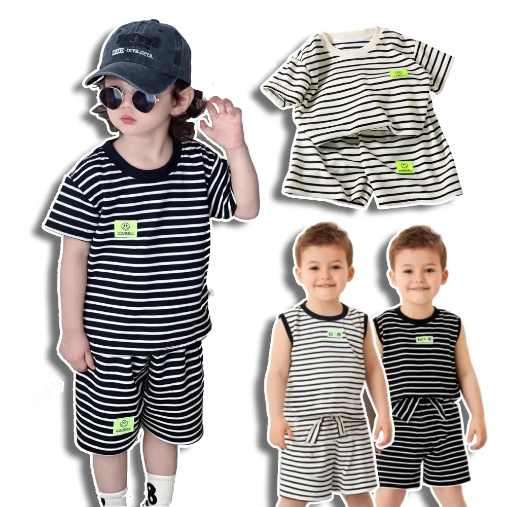 (1-6Y) Boy Clothes Corp children Terno Set Kids Boys Fashion Polo Black And White  Strip T-shirt w/shorts Summer kids  2 piece set Sando Summer Refreshing Vest Set For Elastic Collar Casual Outfits