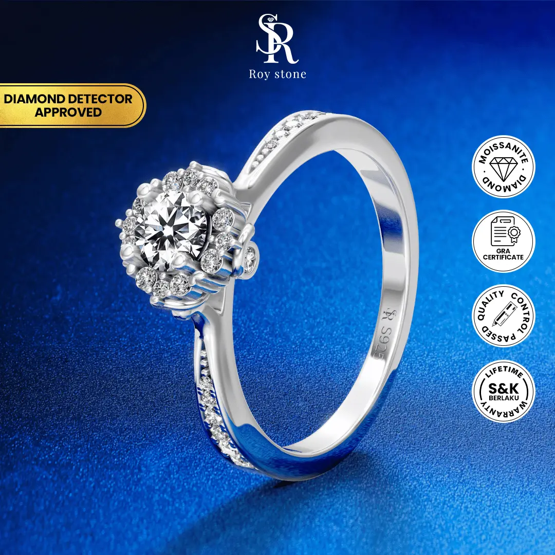 Roystone_Moissanite Cincin Wanita Original Sertifikat GRA Silver925 Anti Pudar_Little Flower Ring
