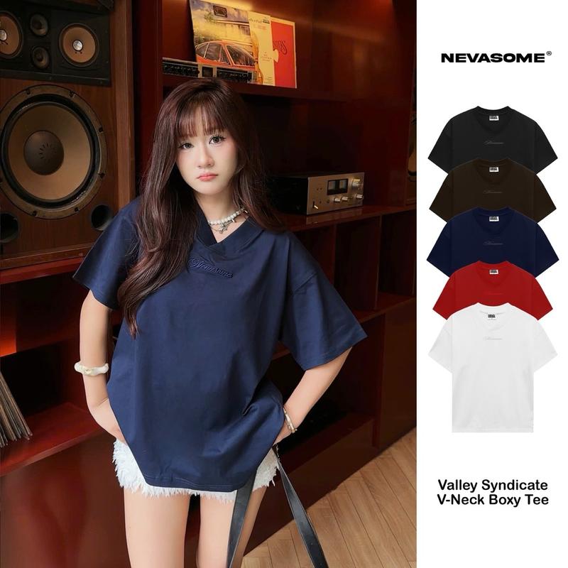 Áo Thun Boxy Cổ V-Neck Valley Nevasome Thêu Nổi Cotton 250gsm Local Brand Tay Lỡ Form Boxy Rộng Nam Nữ Menswear Womenswear