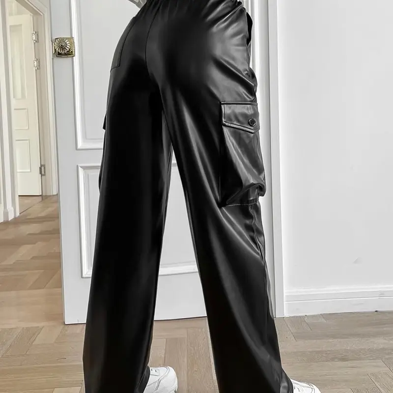 Cargo pants leather PU High waist Celana Cargo Semikulit Fleksibel pinggang Karet 1