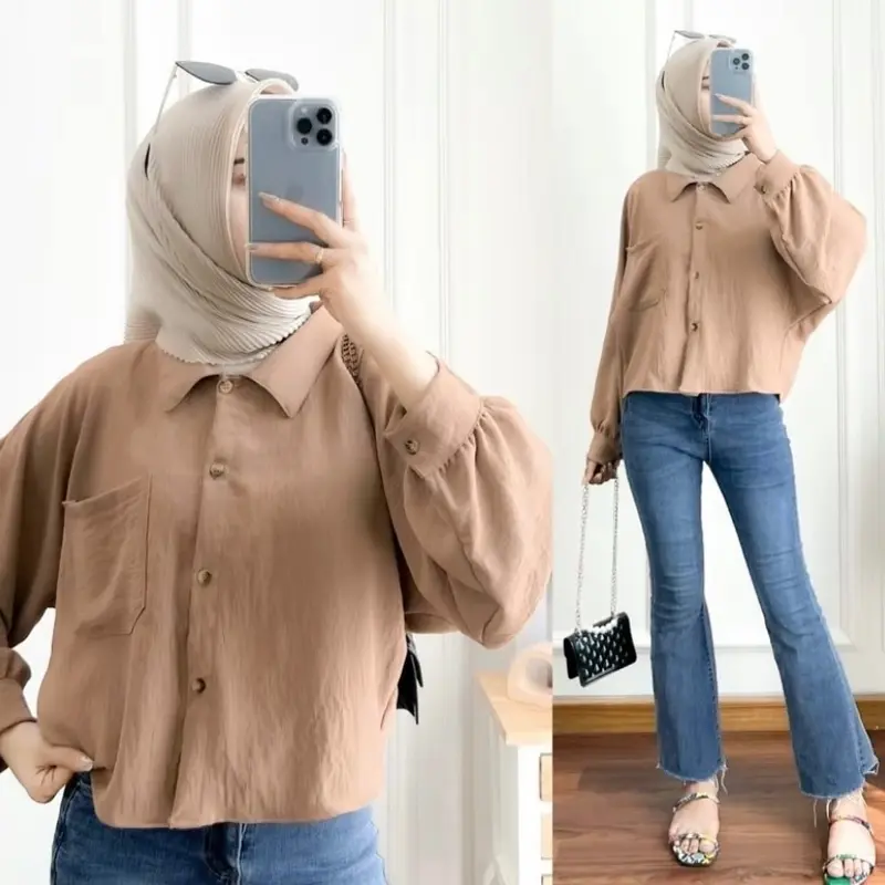 ￼Atasan Blouse Wanita Crop Beatwing Lengan Panjang Kerah Kemeja AirFlow atasan kemeja wanita 5