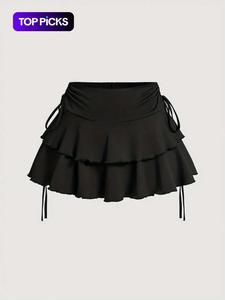 Falda de mujer con acabado lechuga, capas escalonadas y dobladillo con volantes, elegante falda mini con amarre lateral, prendas inferiores femeninas para uso diario