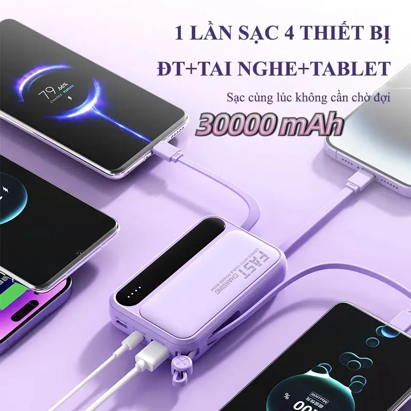 Sạc Dự Phòng 30000mAh Sạc Nhanh Đa Năng Chất Lượng Tốt Sạc Siêu Mạnh Màn Hình LED Công Nghệ Sạc Thông Minh Cáp Tích Hợp 4 Trong 1 Có 4 Mẫu Đi Kèm