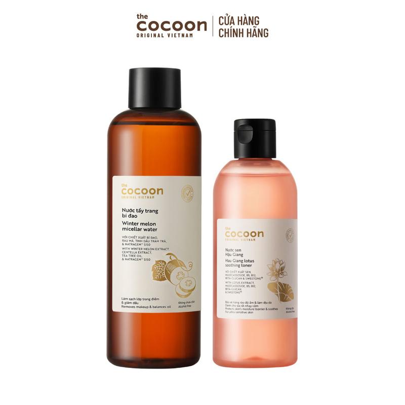 COMBO 1 Bigsize - Nước sen Hậu Giang (toner) Cocoon giúp phục hồi đa nhiệm cho da rất nhạy cảm 310ml + 1 Bigsize Nước tẩy trang bí đao 500ml