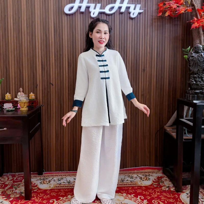  Kỳ Âm - Bô Pháp Phục Lễ Chùa Nữ Bigsize Cổ Tàu Áo Tay Dài Xẻ Tà Thanh Lịch - HyHy 