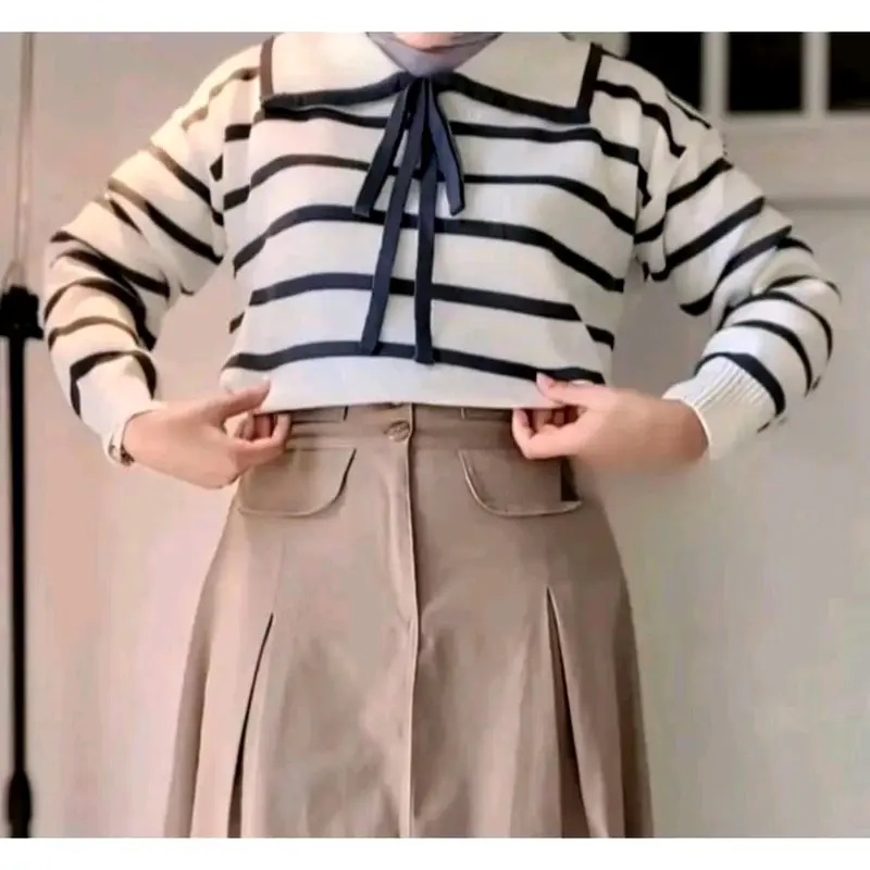 Atasan rajut wanita motif garis kera/blouse rajut wanita berkera Kerah 5